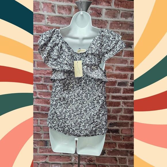 Universal Thread Black White Floral Top Large Ruffle Sleeve V Neck Cotton - Picture 5 of 5